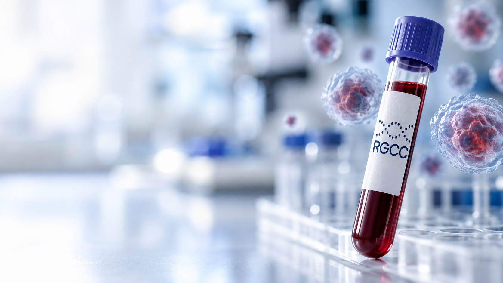 Tubo de coleta de sangue RGCC em laboratório, com células tumorais circulantes ao redor
